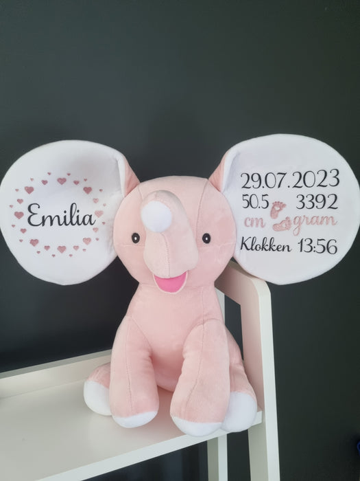 Bamse med navn og fødselsdata, lys rosa elefant
