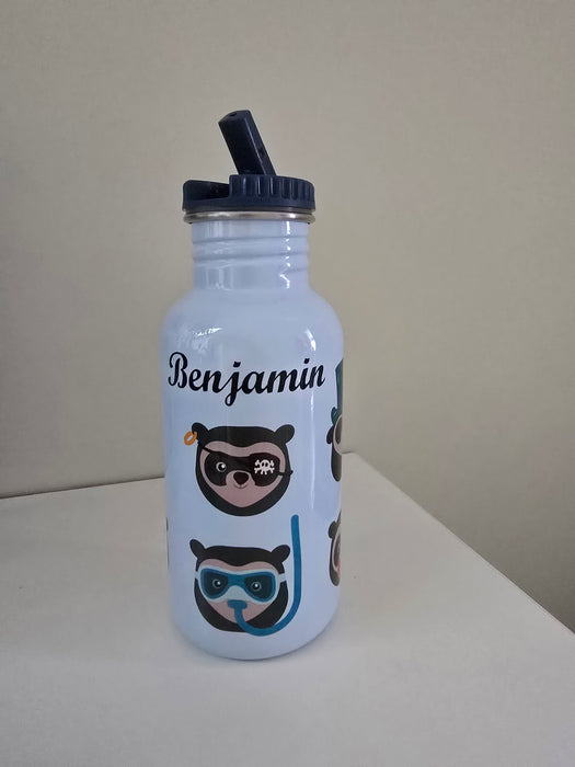 Blafre Drikkeflaske Med Navn Og Vippetut 500ml, Brillebjørn Lys Blå