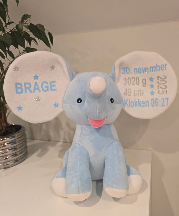 Bamse med navn og fødselsdata, blå elefant - Miniverden.no