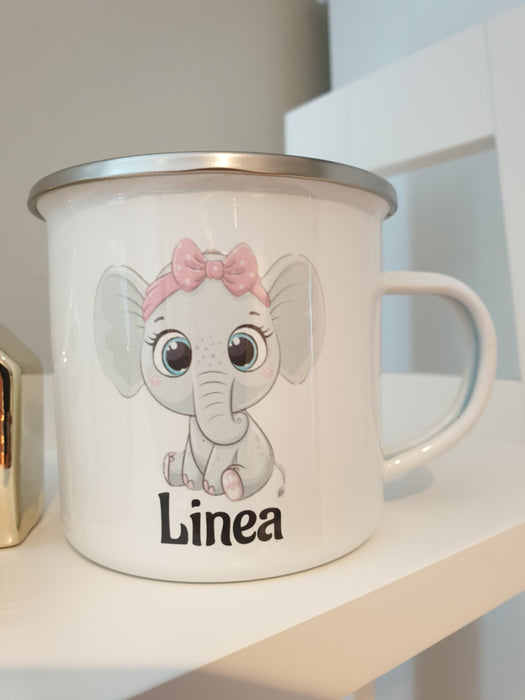 Personlig Emaljekopp med navn Rosa elefant