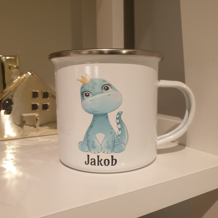 Personlig Emaljekopp med navn Dino Blå