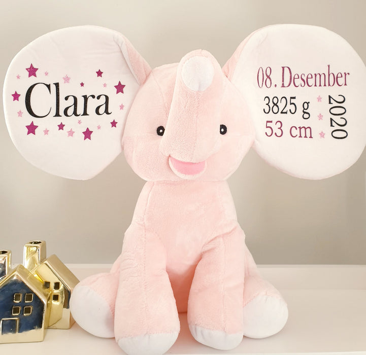Bamse med navn og fødselsdata, lys rosa elefant