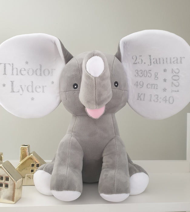 Bamse med navn og fødselsdata, grå elefant