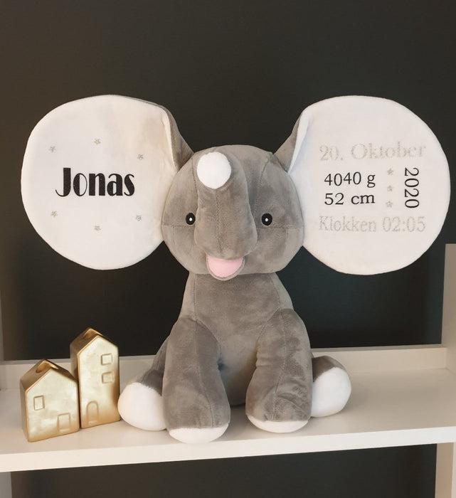 Bamse med navn og fødselsdata, grå elefant