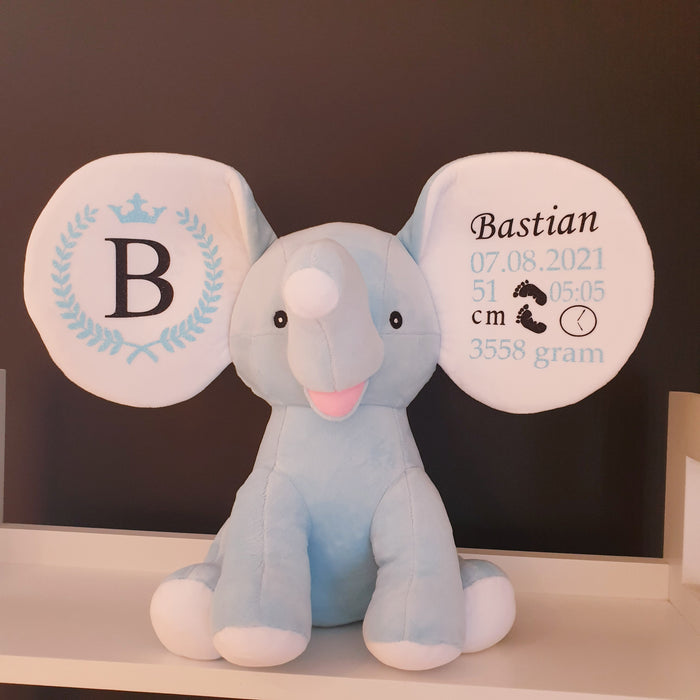 Bamse med navn og fødselsdata, blå elefant