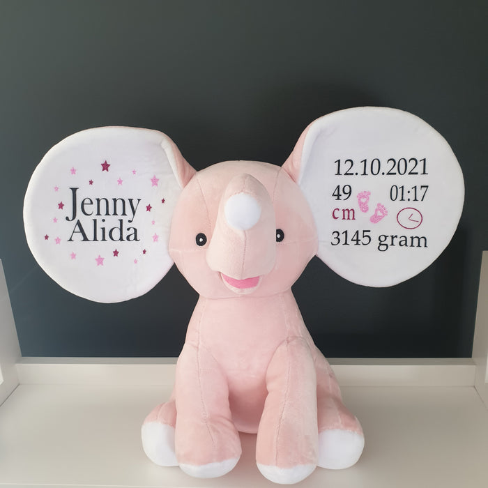 Bamse med navn og fødselsdata, lys rosa elefant