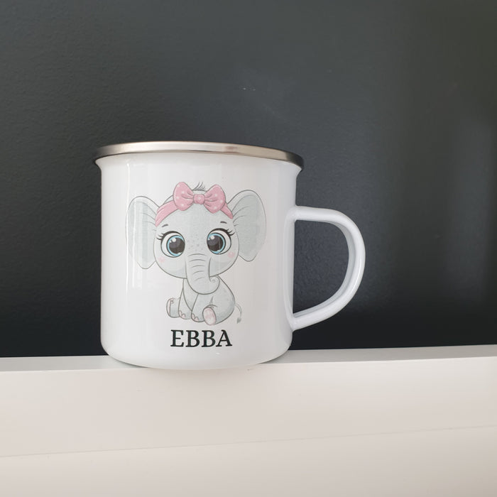 Personlig Emaljekopp med navn Rosa elefant
