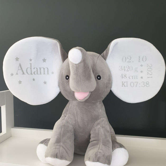 Bamse med navn og fødselsdata, grå elefant
