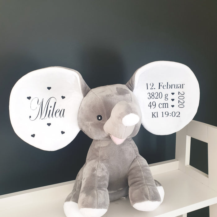 Bamse med navn og fødselsdata, grå elefant