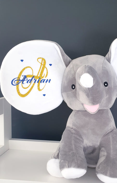 Bamse med navn og fødselsdata, grå elefant