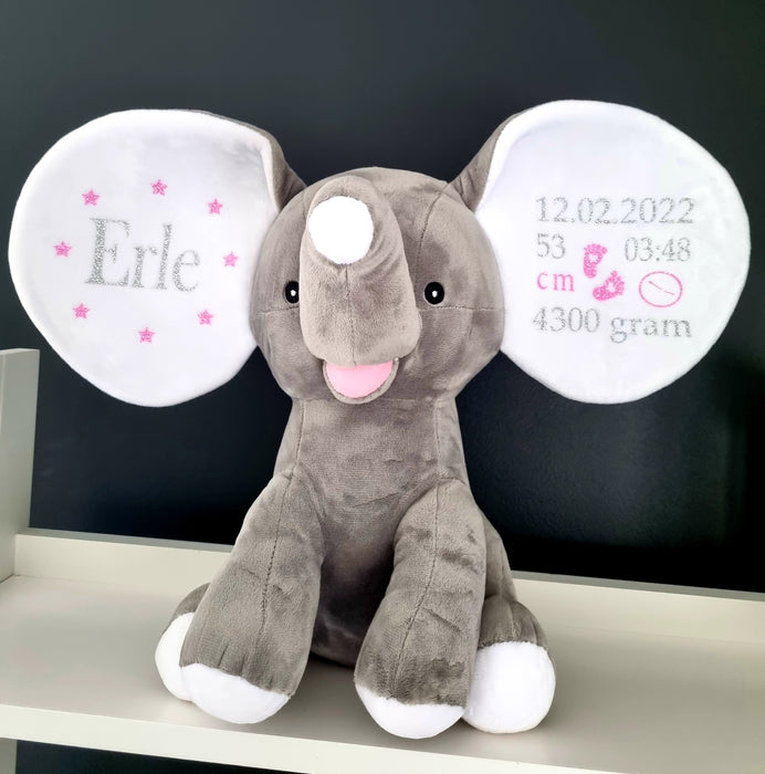 Bamse med navn og fødselsdata, grå elefant