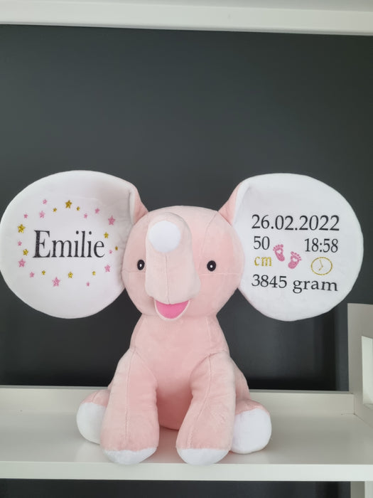 Bamse med navn og fødselsdata, lys rosa elefant
