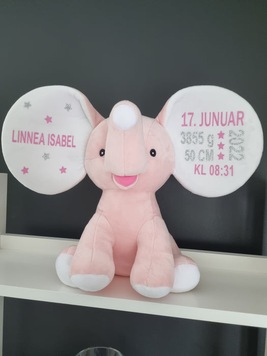 Bamse med navn og fødselsdata, lys rosa elefant
