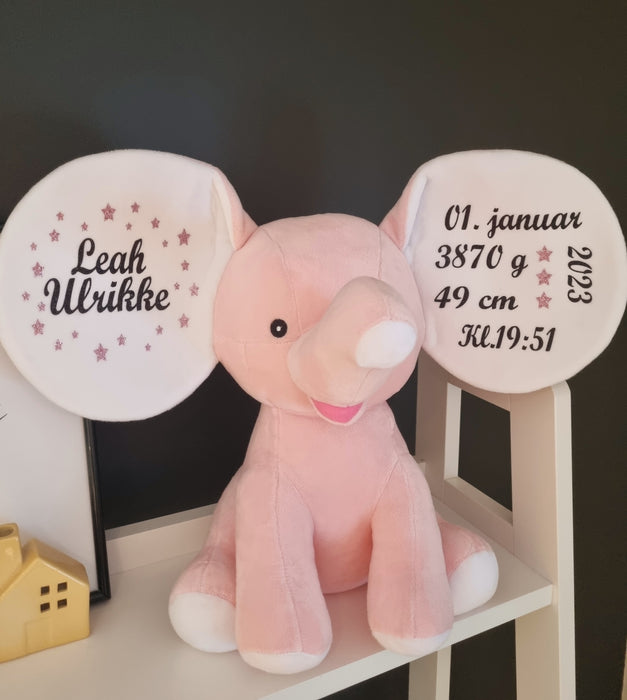 Bamse med navn og fødselsdata, lys rosa elefant